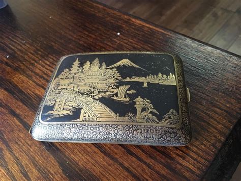 Antique Japanese Neillo Damascene Cigarette Case Box Mount Fuji