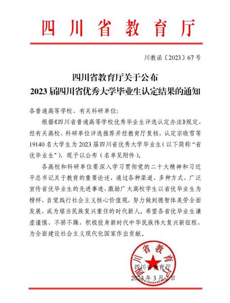 四川省教育厅关于公布2023届四川省优秀大学毕业生认定结果的通知 四川航天职业技术学院