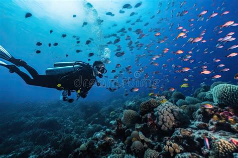 Scuba Diver Exploring The Underwater World Surrounded By Schools Of