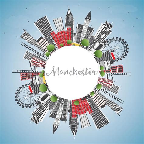 Manchester England City Skyline With Gray Buildings Blue Sky And Copy