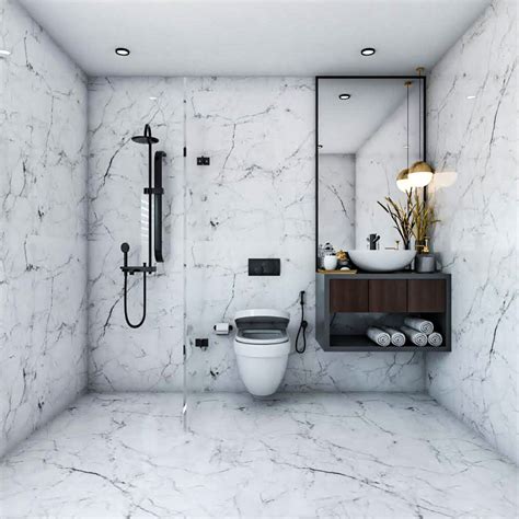 Bathroom Design With Marble Walls And Dark Wood Vanity Unit Livspace