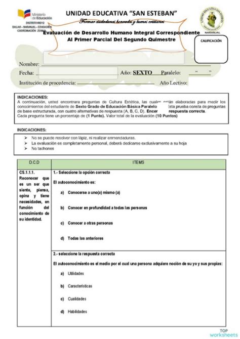 Desarrollo Humano Parcial I Quimestre Ii Ficha Interactiva Topworksheets