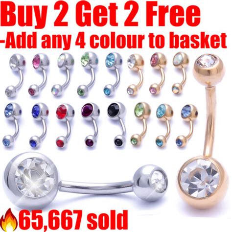 Belly Bar Surgical Steel Double Crystal Gem Navel Bar Button Ring Belly