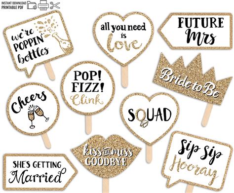 Bridal Shower Printable Photo Booth Props Signs Gold Black And White