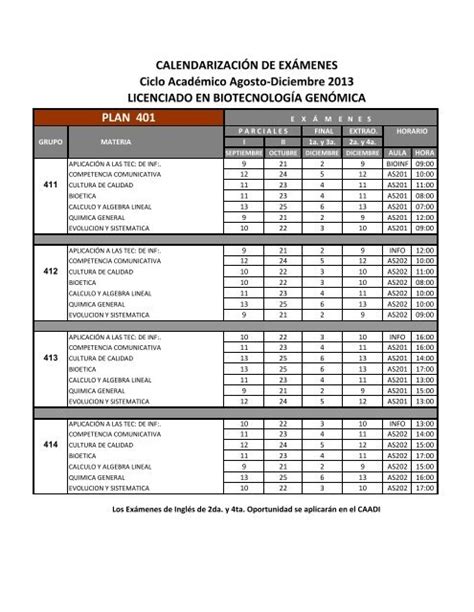 Calendario De Ex Menes Agosto Diciembre Lbg