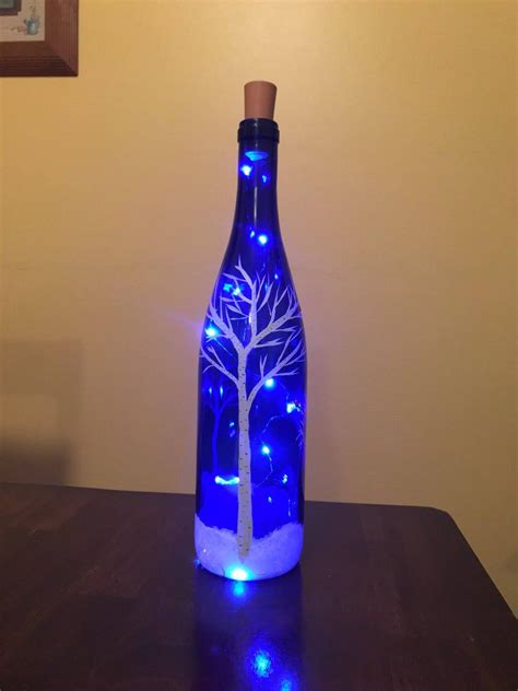 Handpainted Lighted Blue Wine Bottle With Birch Trees And Etsy Blue