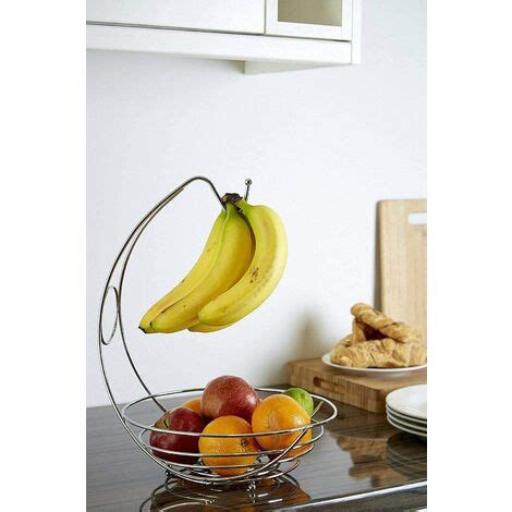 2 In 1 Kitchen Storage Fruit Bowl Banana Hanger Chrome Metal Finish