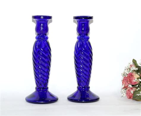 Pair Of Cobalt Blue Glass Candlesticks Made In Italy Decorative Swirly