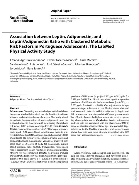 Pdf Association Between Leptin Adiponectin And Leptin Adiponectin