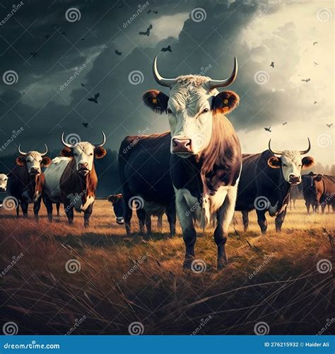 A Group of Cows are Present in the Open Grassy Area. AI Stock