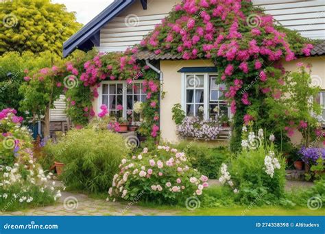 Cozy House Exterior With Lush Greenery And Beautiful Blooming Flowers