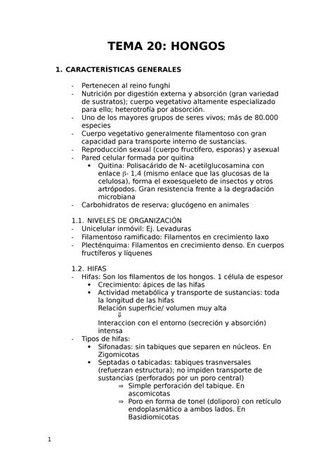 TEMA 20 Hongos TEMA 20 HONGOS 1 CARACTERÍSTICAS GENERALES