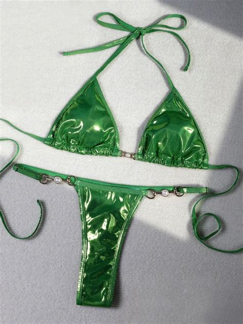 Shiny Pink Micro Bikini Mujer Women Sexy PU Pearls Push Up Thong Swims