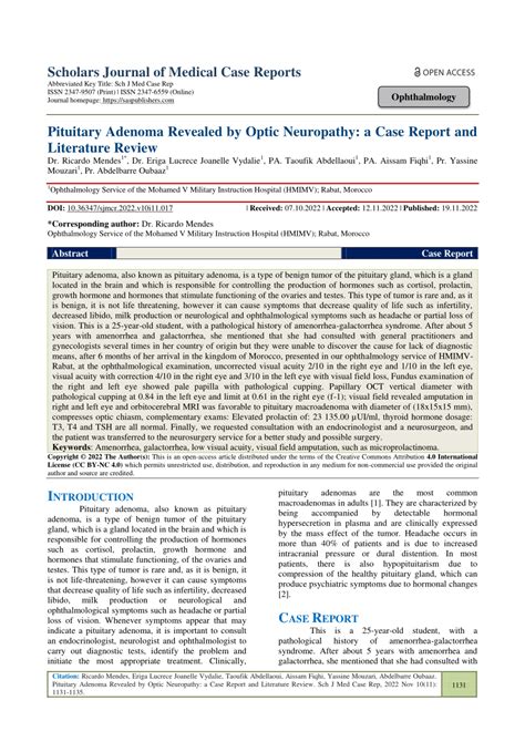 Pdf Pituitary Adenoma Revealed By Optic Neuropathy A Case Report And