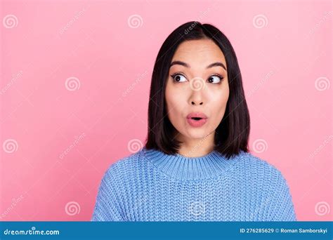 Portrait Of Impressed Speechless Girl With Bob Hairstyle Wear Blue