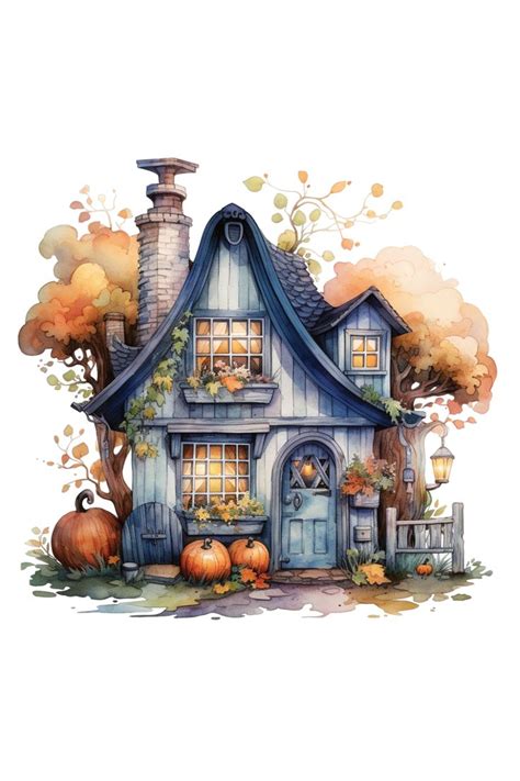 Happy Halloween Cottages Watercolor Scary Skeleton Witch House Cute