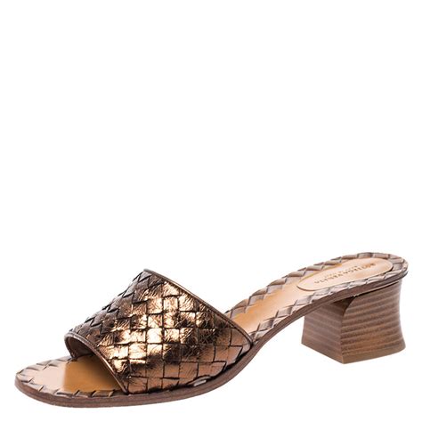 Bottega Veneta Metallic Bronze Intrecciato Leather Ravello Flat Slides