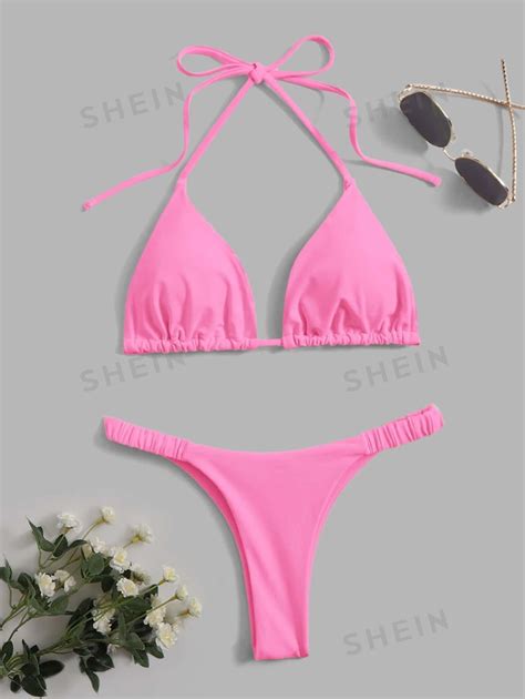 Shein Swim Conjunto De Bikini Unicolor Sujetador Tri Ngulo Halter