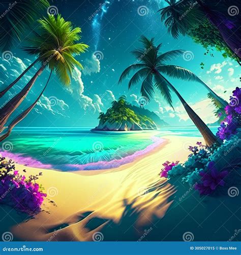 Beautiful Tropical Beach With Palm Trees And Flowers 3d Rendering Ai Generated Stock