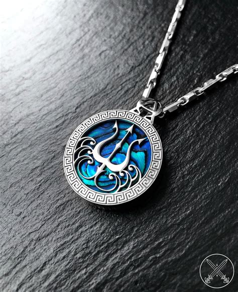 Poseidon The Greek God Of Sea Trident Necklace Pendant With Blue