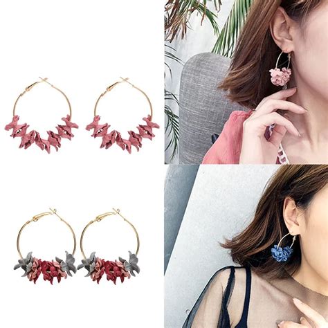 Lnrrabc Jwelry T Korean Earrings Graceful Women 4 Colors Cloth Art Flower Drill Hot Sale