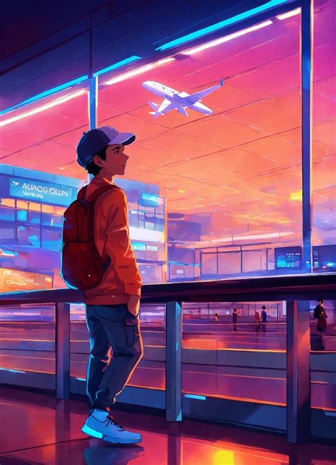 Lexica Muchacho varonil en aeropuerto luces neón ilustración