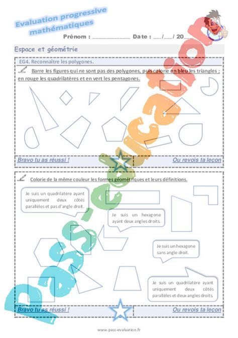 Reconnaître les polygones au Cm1 Evaluation progressive PDF à imprimer