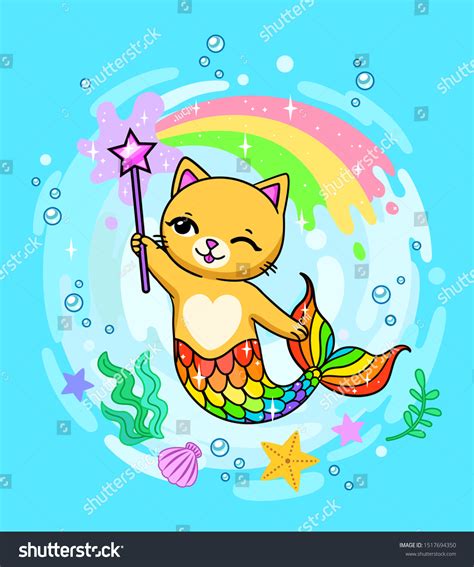 Cute Cartoon Mermaid Cat Magic Wand Stock Vector Royalty Free 1517694350