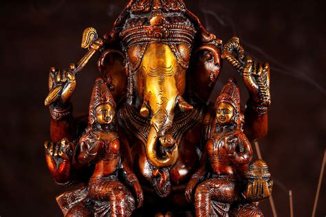 Ganesh Statue With Consorts Siddhi Buddhi Representing Spiritual