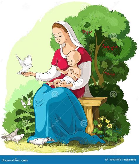 Mother Mary Holding Baby Jesus Vector Cartoon Christian Illustration