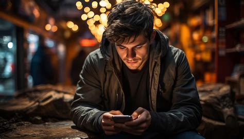 Premium Photo | Smiling man texting on phone enjoying city night ...
