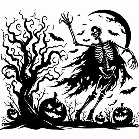 Skeleton Raising Hand With Jackolanterns And Bats In Haunted Halloween