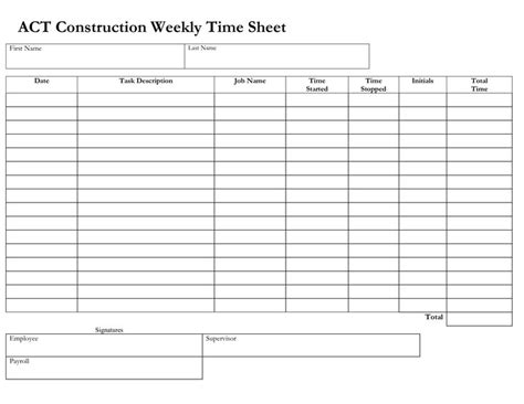A Printable Construction Weekly Time Sheet
