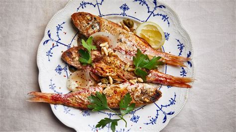 Grilled Red Mullet With Charred Onions And Pine Nuts Recipe Epicurious