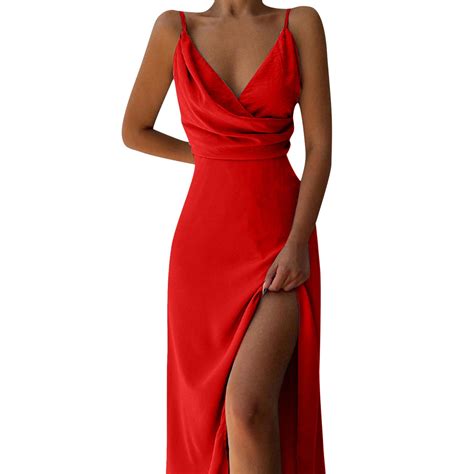 Hoksml Wedding Guest Dresses For Women Fashion Sexy Womens Slim Solid Sleeveless V Neck Ladies