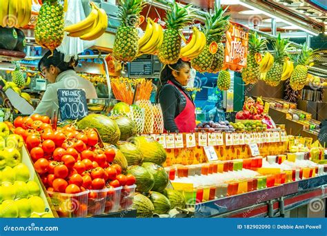 Inside Farmers Market With Fresh Fruits And Fruit Juice For Sale