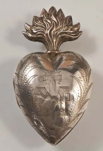 COEUR DE MARIE Argent Massif reliquaire ex voto XIXème Ancien EUR 320