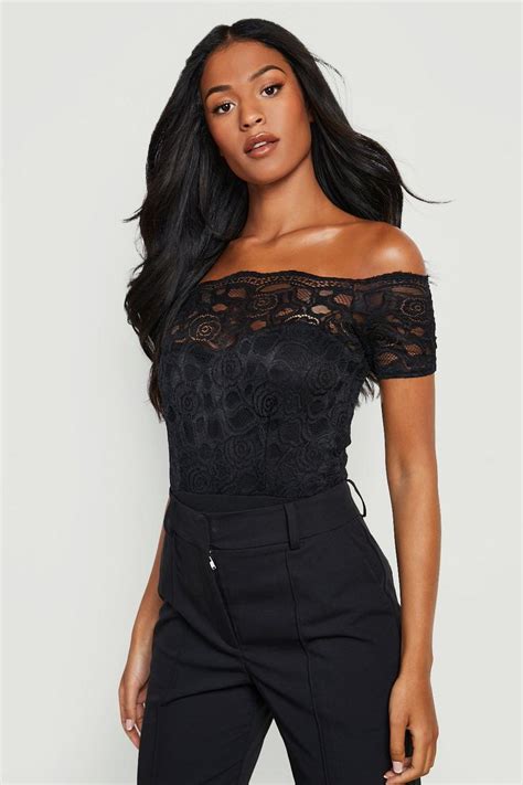 Black Tall Off The Shoulder Lace Bodysuit Boohoo Uk