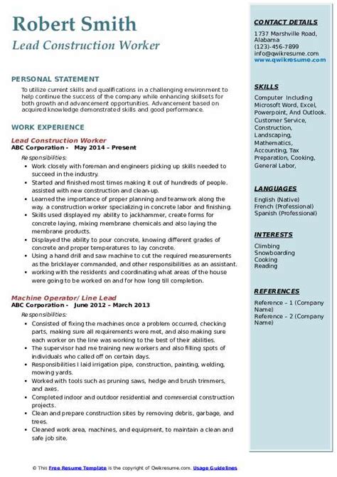 Construction Worker Resume Samples Qwikresume