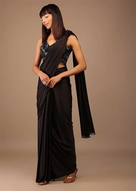 Buy Black Satin Saree With Hand Embroidered Blouse With Fringes On The