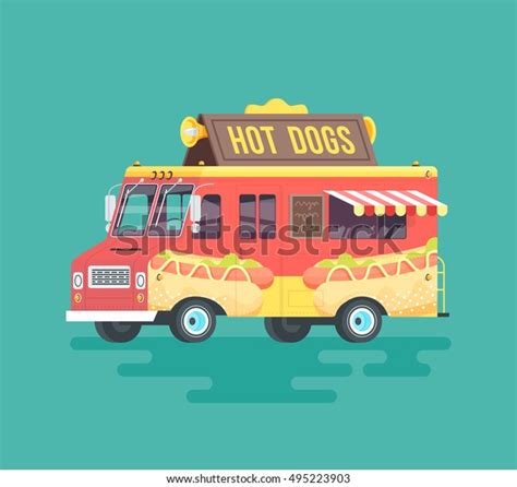 Colorful Flat Hot Dog Truck Cartoon Stock Illustration 495223903