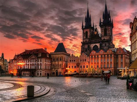 Old Town Square Prague Czech Republic Between Wenceslas Square And The Charles Bridge Sunset For