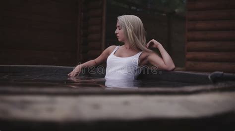 Woman Enjoying Thermal Bath Blondy Woman Enjoy Hot Bath Spa Pool Relax Stock Video Video Of
