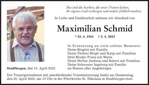 Traueranzeigen Von Maximilian Schmid Augsburger Allgemeine Zeitung