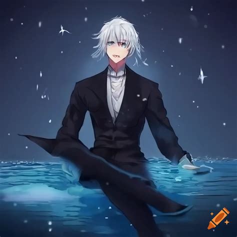 Anime Character Sitting In A Lake In Snowy Mountains