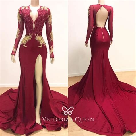 Long Sleeve Red And Gold Lace Appliqued Prom Dress Vq