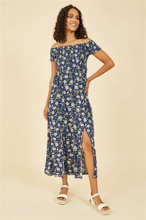 Mela Navy Floral Print Bardot Midi Dress With Split Hem