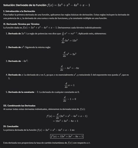 7 Determina la primera derivada de la función f x 3x⁴ x³ 4x² x 1