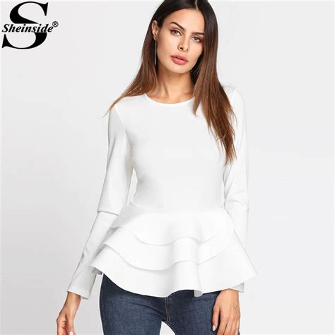 Sheinside Round Neck Tiered Ruffle Hem Long Sleeve Peplum Blouse White