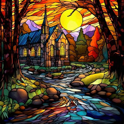 Premium Ai Image A Brightly Colored Stained Glass Window Of A Church In A Forest Generative Ai